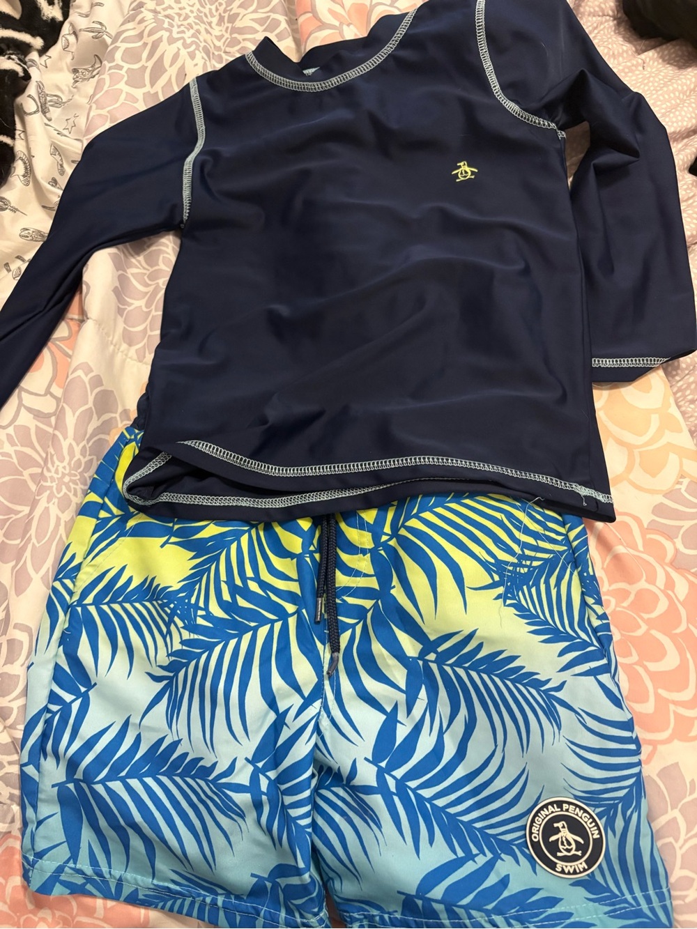 Original Penguin Navy Boys Rash Guard Top with Light Blue Stitching
